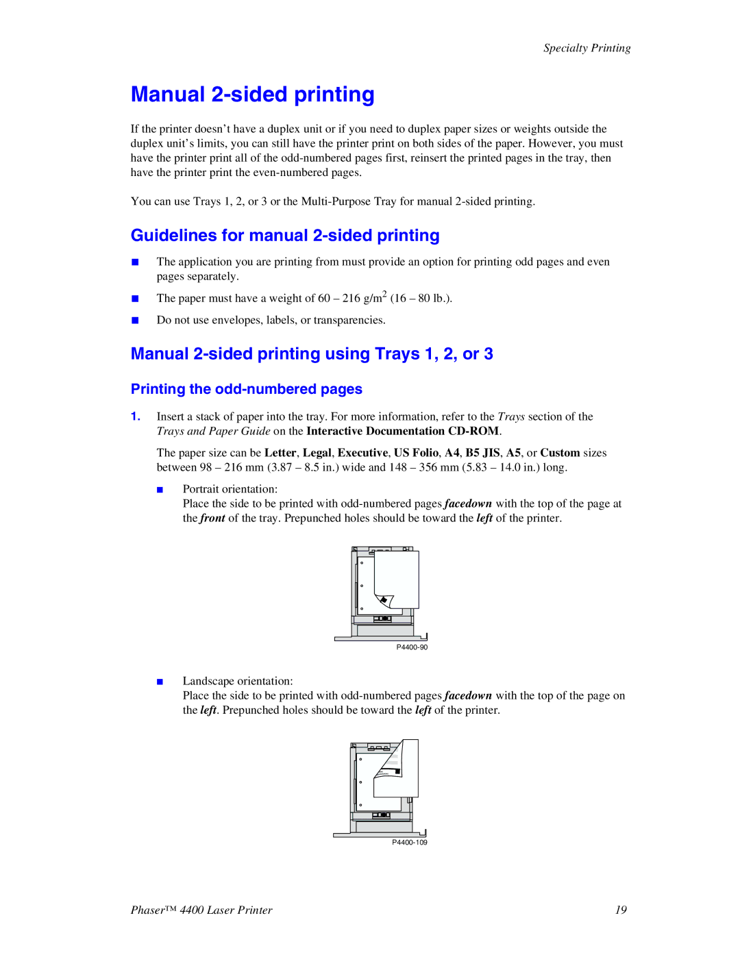 Xerox 4400 Guidelines for manual 2-sided printing, Manual 2-sided printing using Trays 1, 2, or 