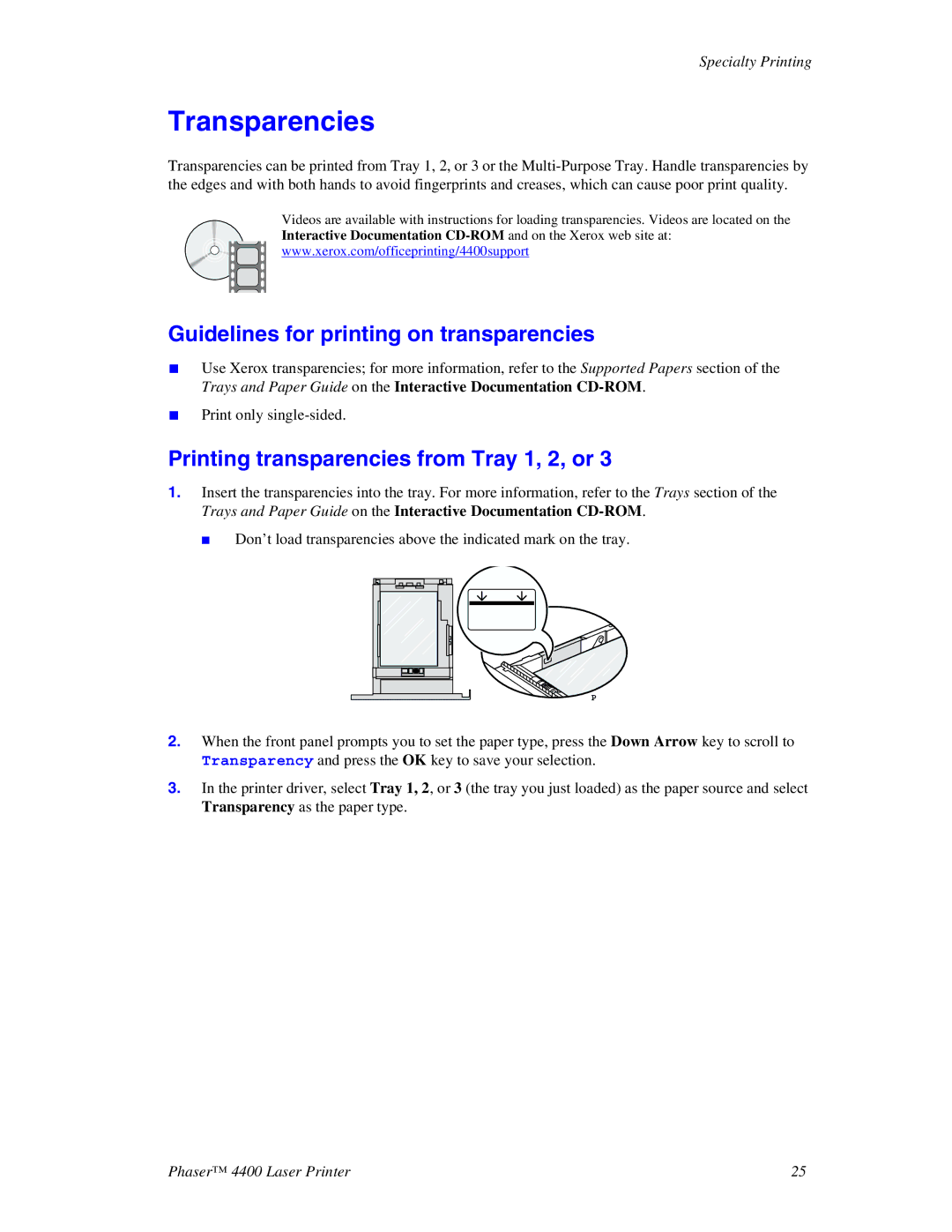 Xerox 4400 manual Transparencies, Guidelines for printing on transparencies, Printing transparencies from Tray 1, 2, or 