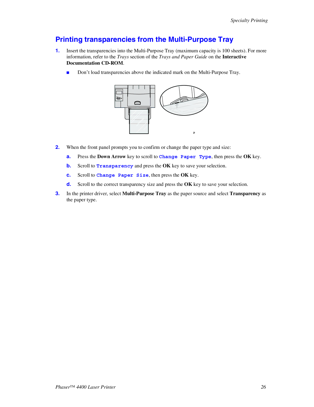 Xerox 4400 manual Printing transparencies from the Multi-Purpose Tray 