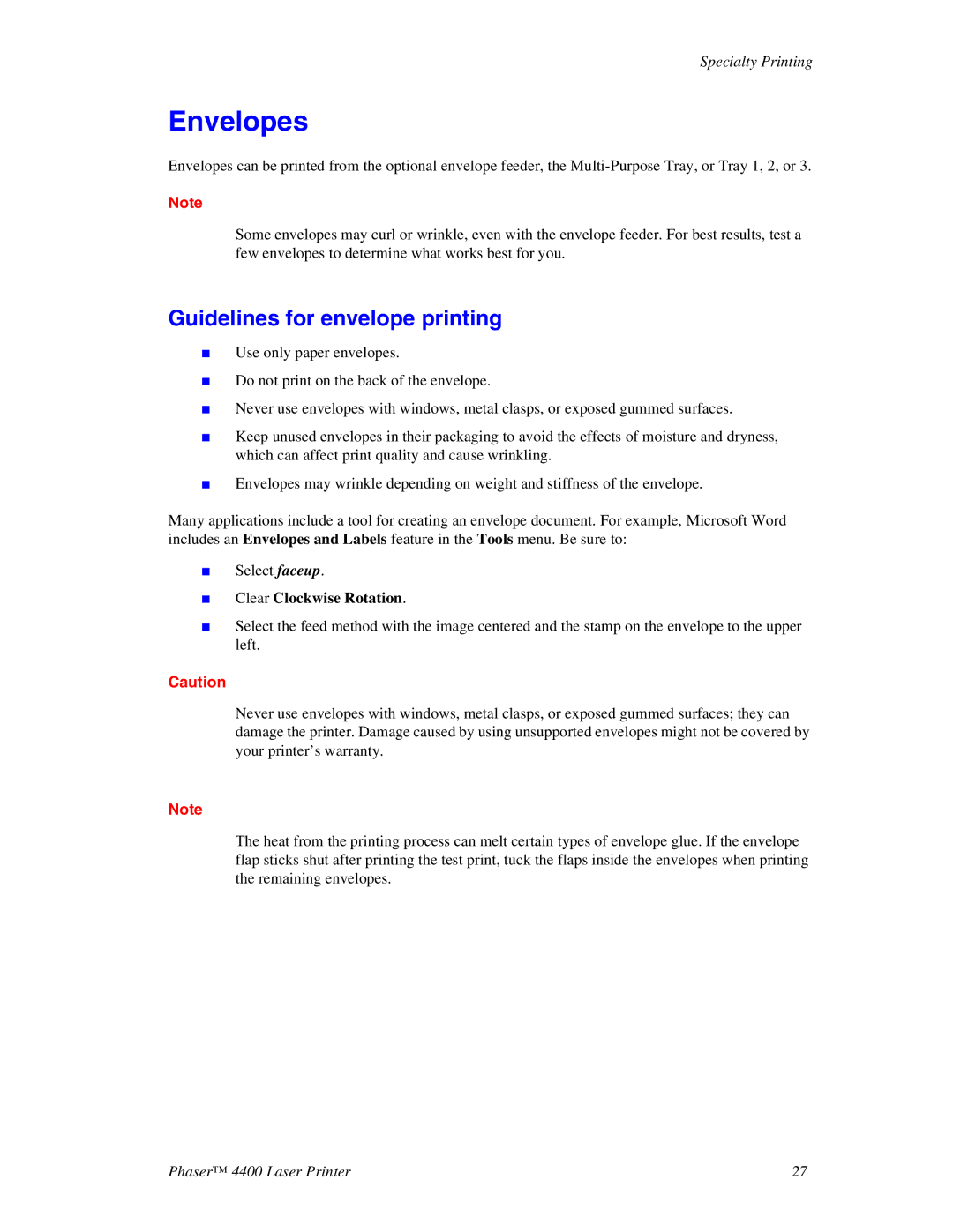 Xerox 4400 manual Envelopes, Guidelines for envelope printing 