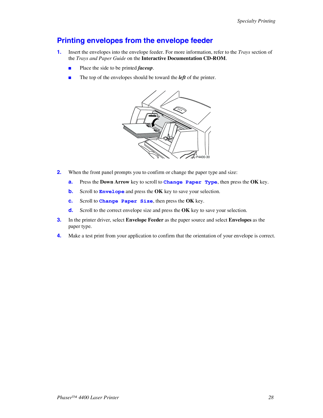 Xerox 4400 manual Printing envelopes from the envelope feeder 