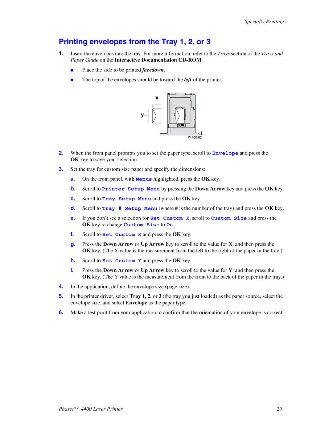 Xerox 4400 manual Printing envelopes from the Tray 1, 2, or 