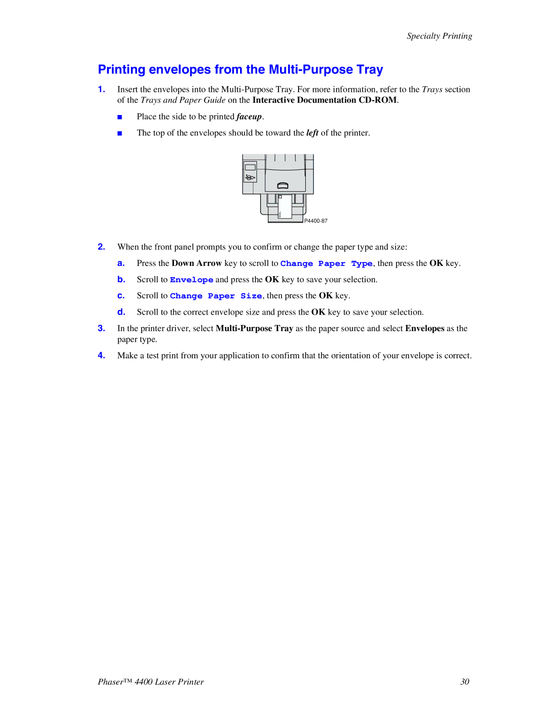 Xerox 4400 manual Printing envelopes from the Multi-Purpose Tray 