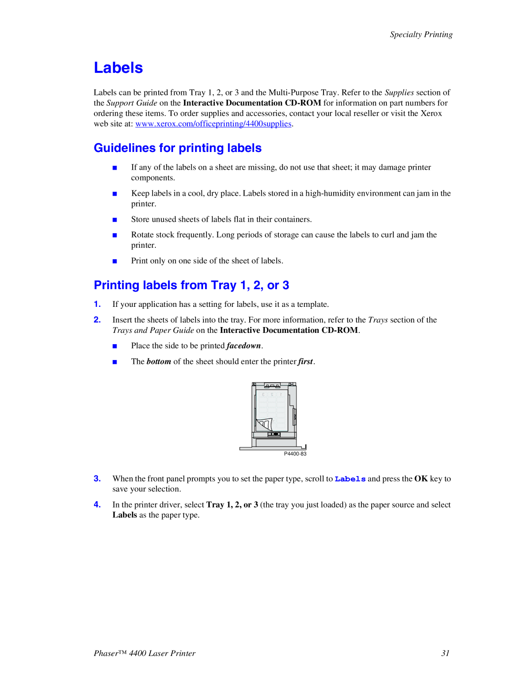 Xerox 4400 manual Labels, Guidelines for printing labels, Printing labels from Tray 1, 2, or 