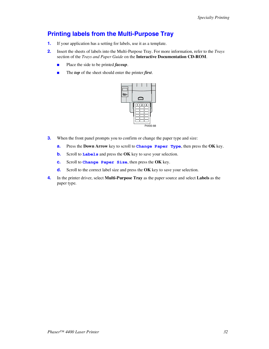 Xerox 4400 manual Printing labels from the Multi-Purpose Tray 