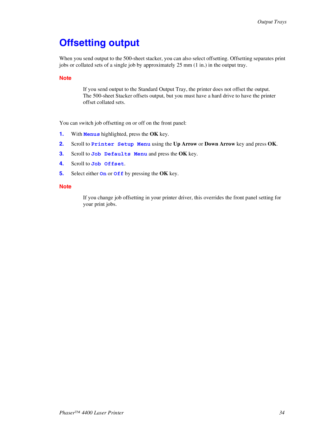 Xerox 4400 manual Offsetting output 