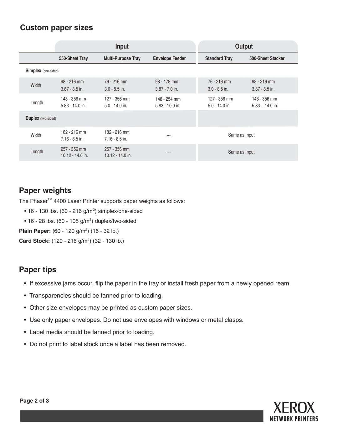 Xerox 4400 manual Custom paper sizes 