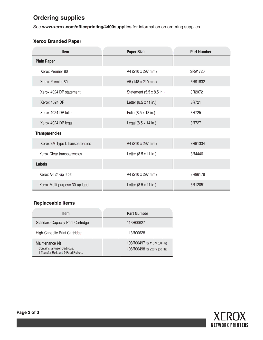 Xerox 4400 manual Ordering supplies 