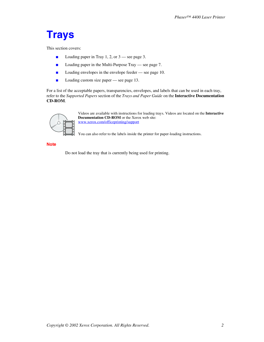 Xerox 4400 manual Trays 