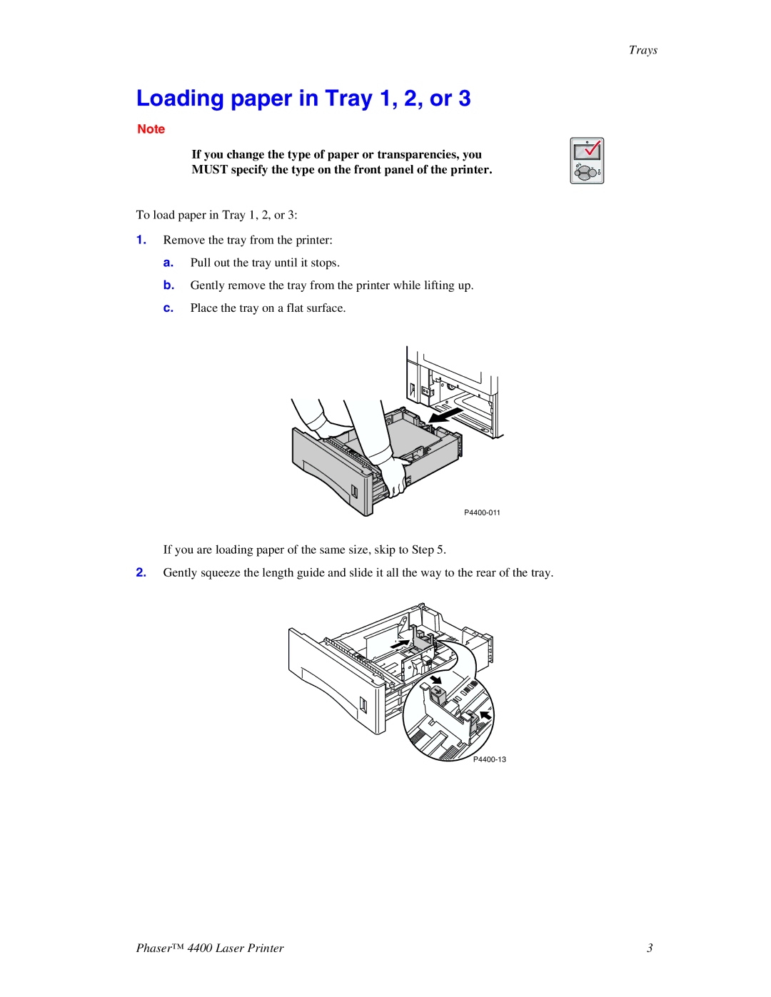 Xerox 4400 manual Loading paper in Tray 1, 2, or 