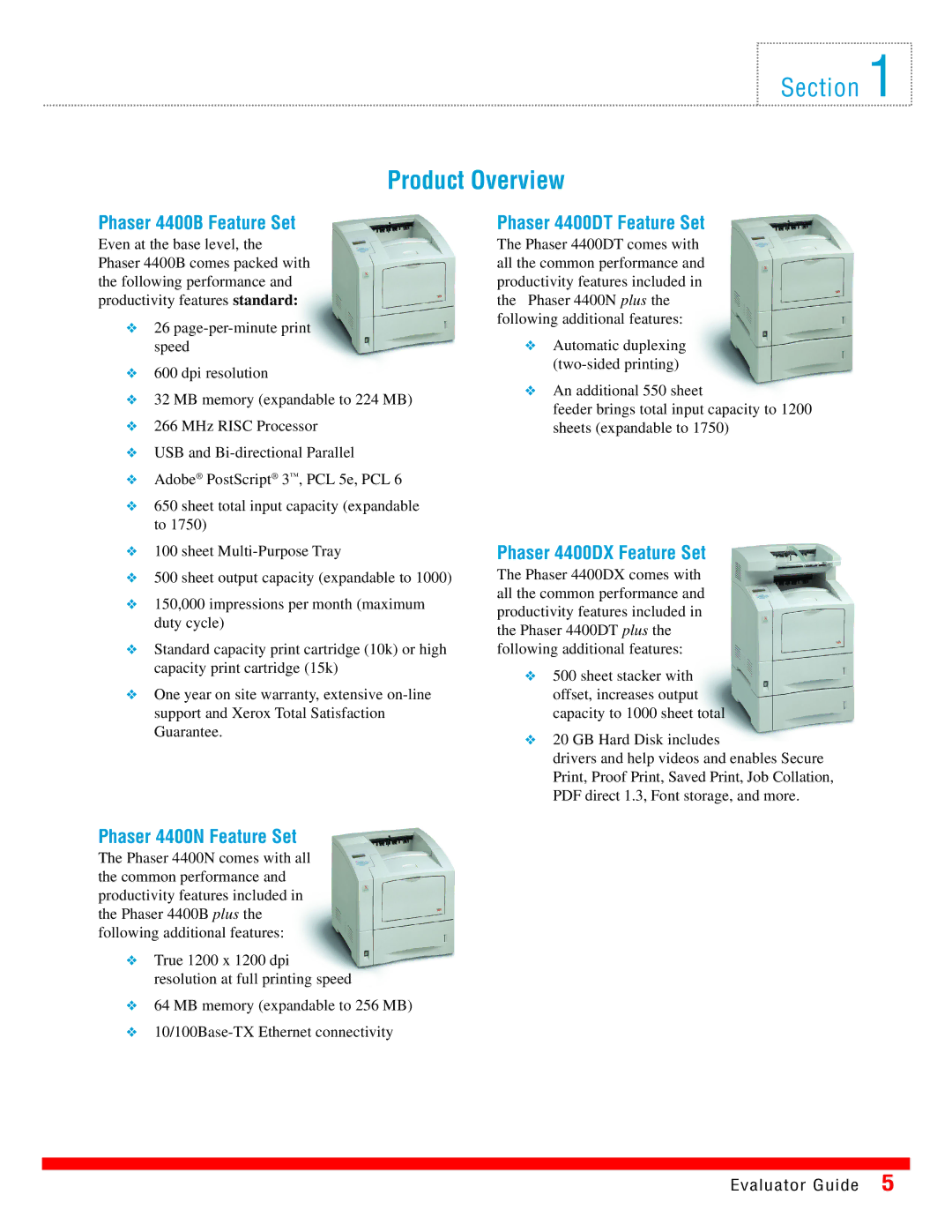 Xerox manual Product Overview, Phaser 4400B Feature Set, Phaser 4400DT Feature Set, Phaser 4400DX Feature Set 