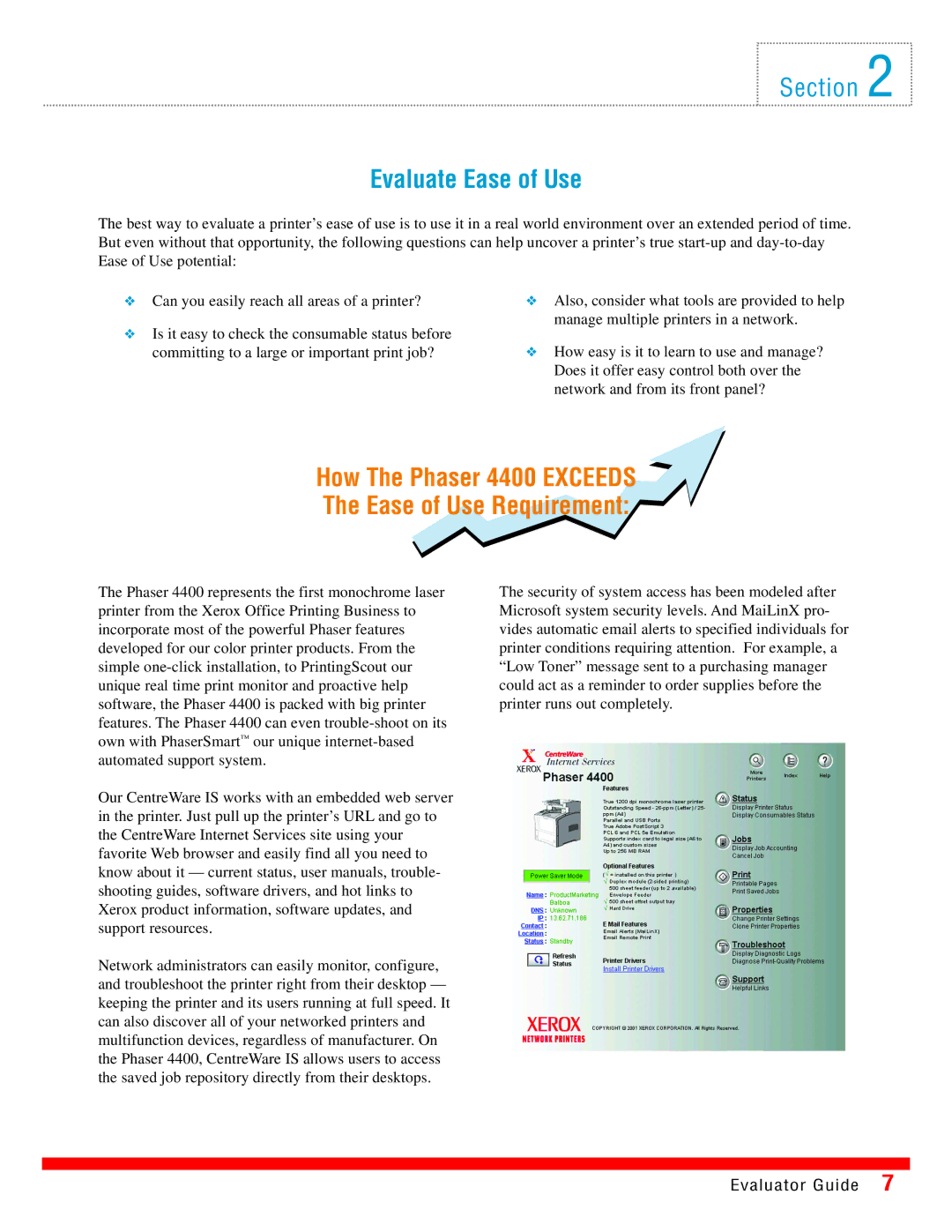 Xerox manual Evaluate Ease of Use, How The Phaser 4400 Exceeds The Ease of Use Requirement 