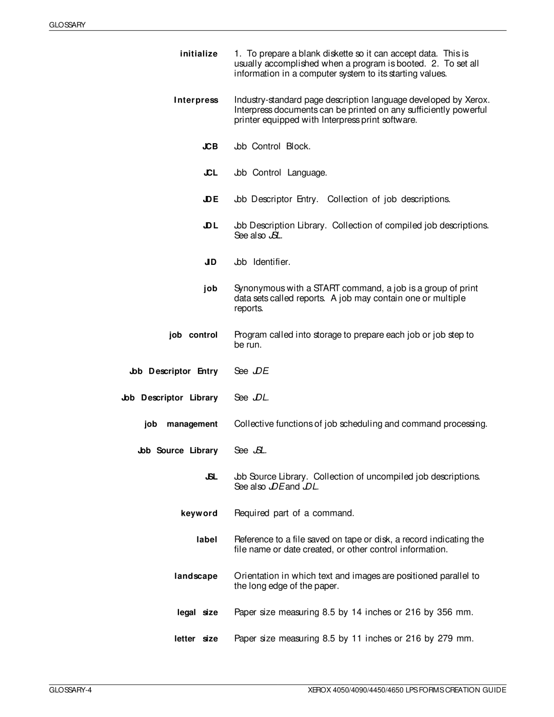 Xerox 4450, 4650 manual Jcb, Jcl, Jde, Jdl, Jid, Jsl 