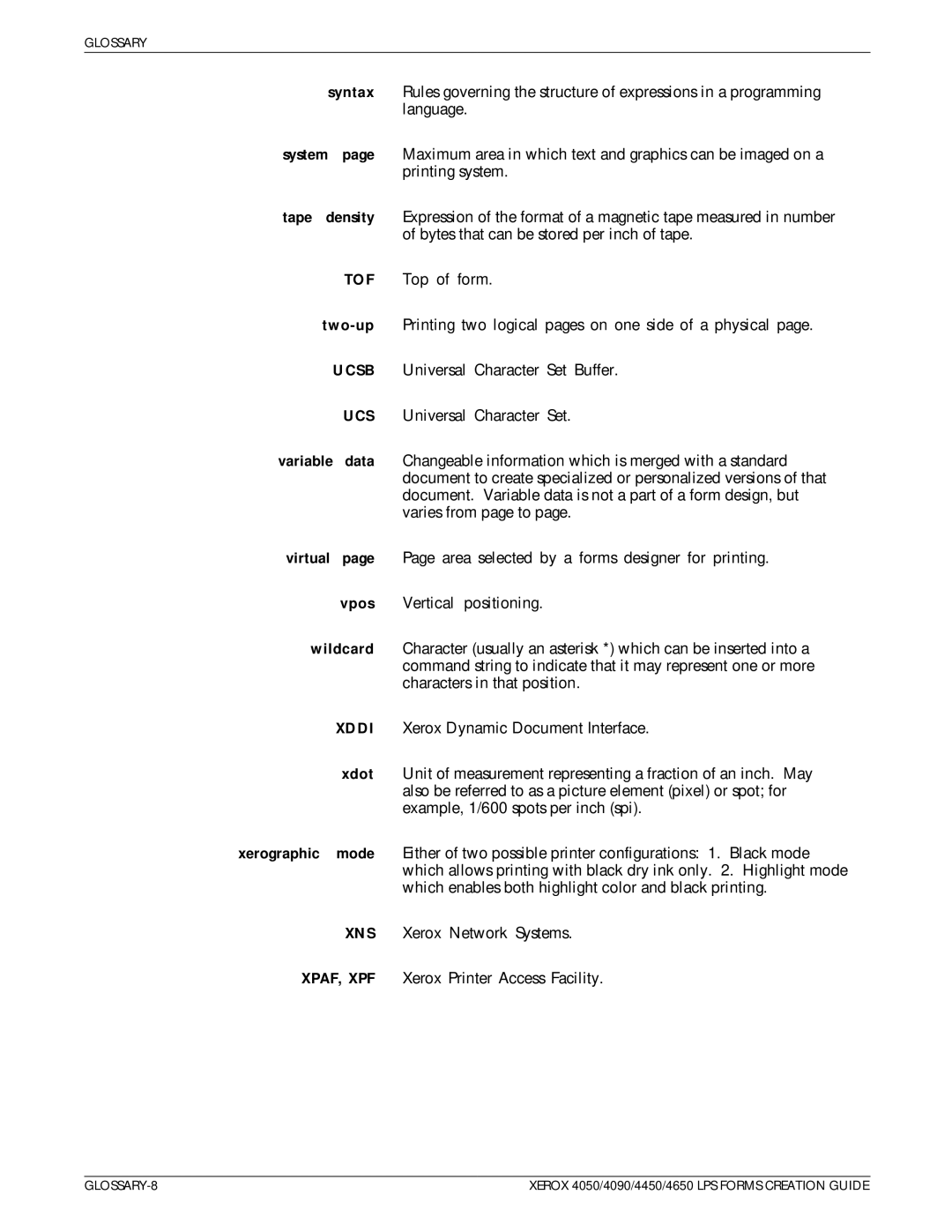 Xerox 4450, 4650 manual Tof, Ucsb, Xddi, Xns, Xpaf, Xpf 