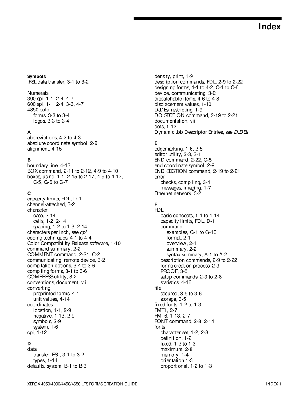 Xerox 4650, 4450 manual Index, Symbols, Fdl 