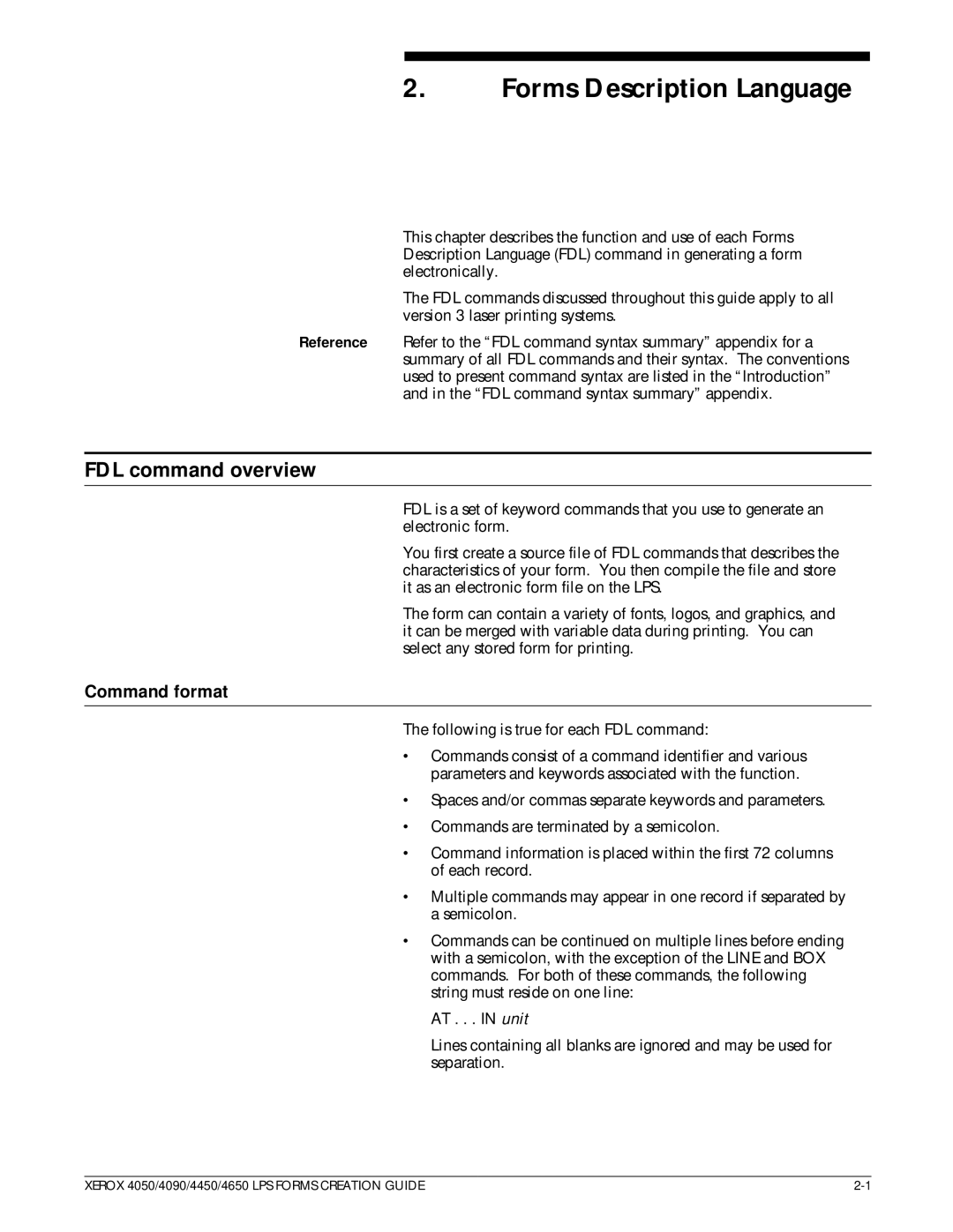 Xerox 4650, 4450 manual Forms Description Language, FDL command overview, Command format 