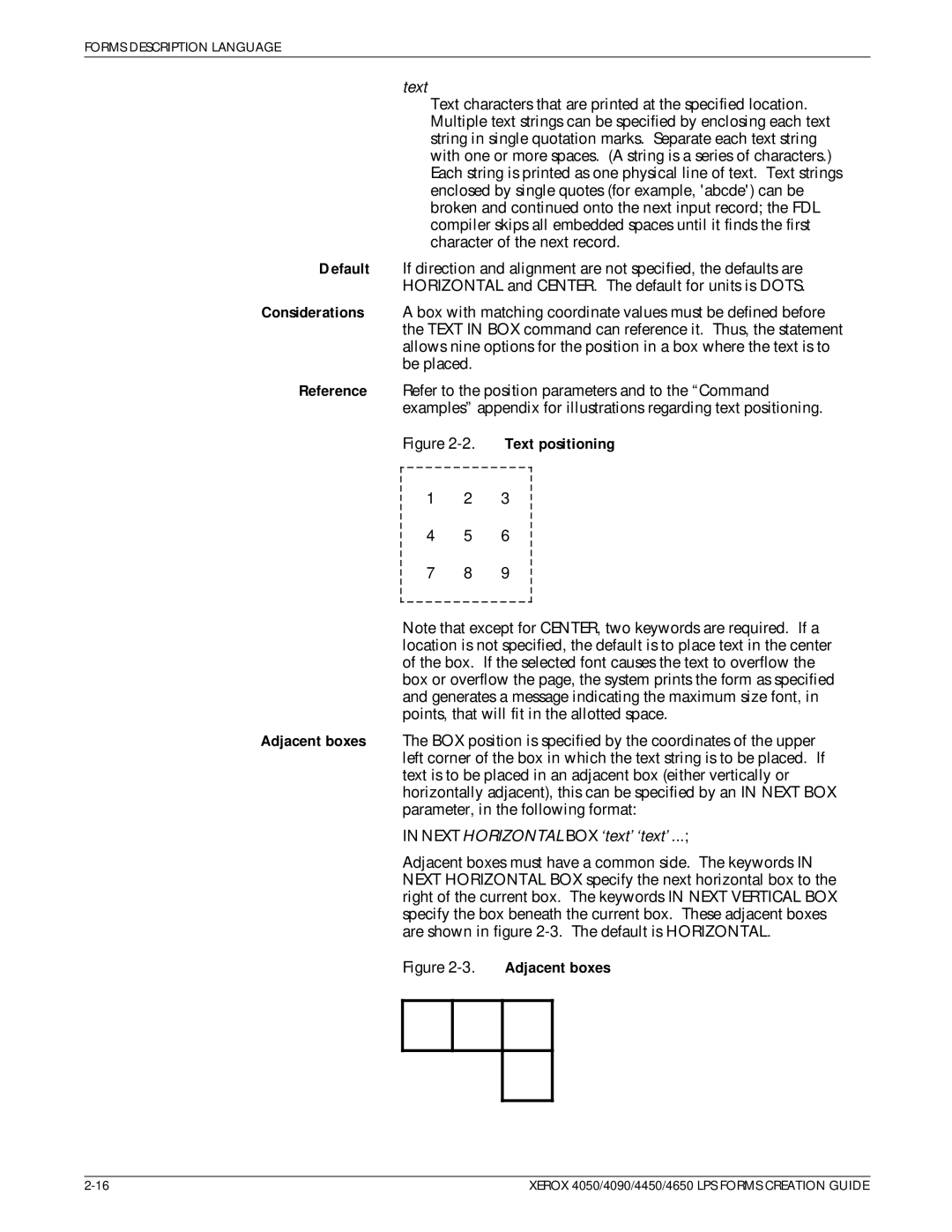 Xerox 4450, 4650 manual Text positioning, Next Horizontal BOX `text `text 