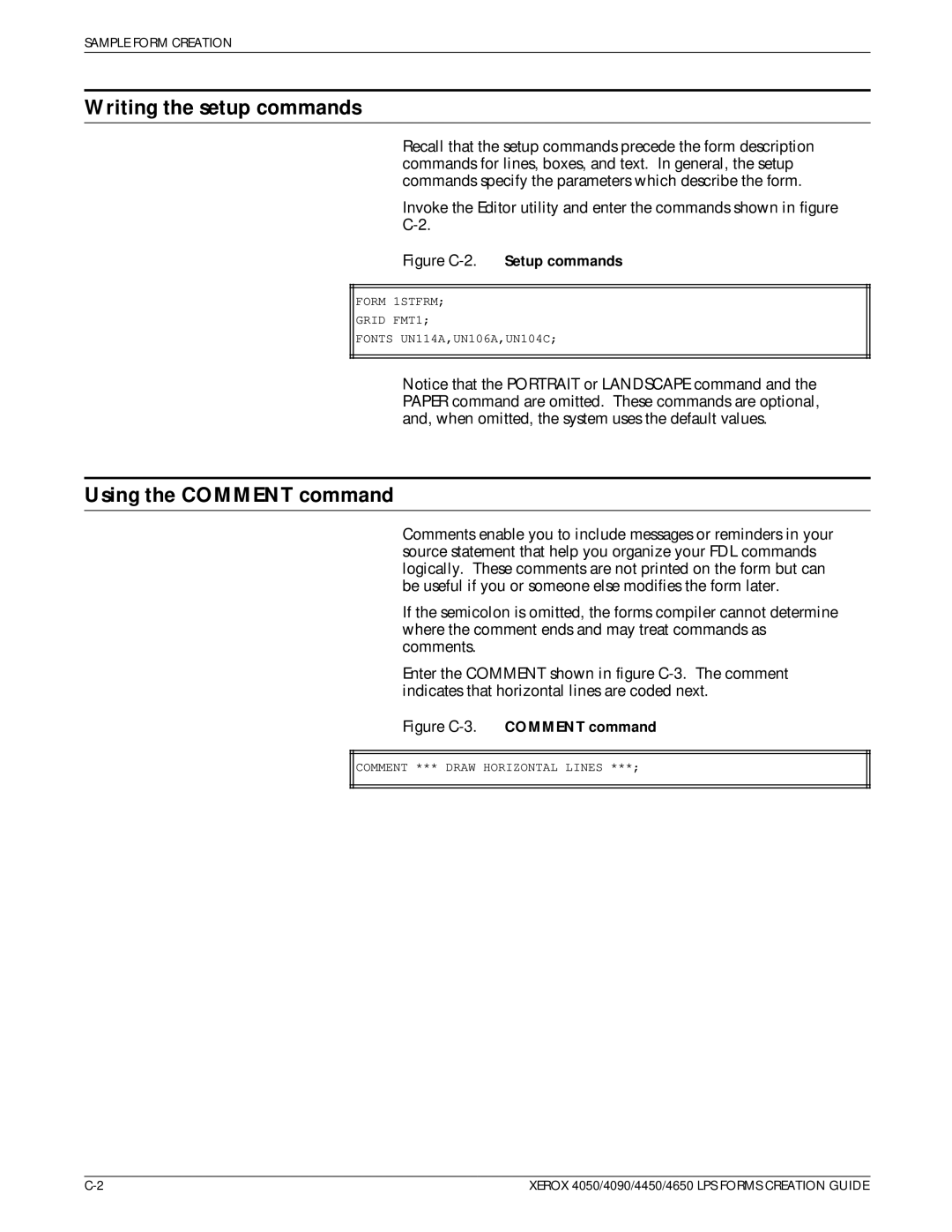 Xerox 4450, 4650 manual Writing the setup commands, Using the Comment command 