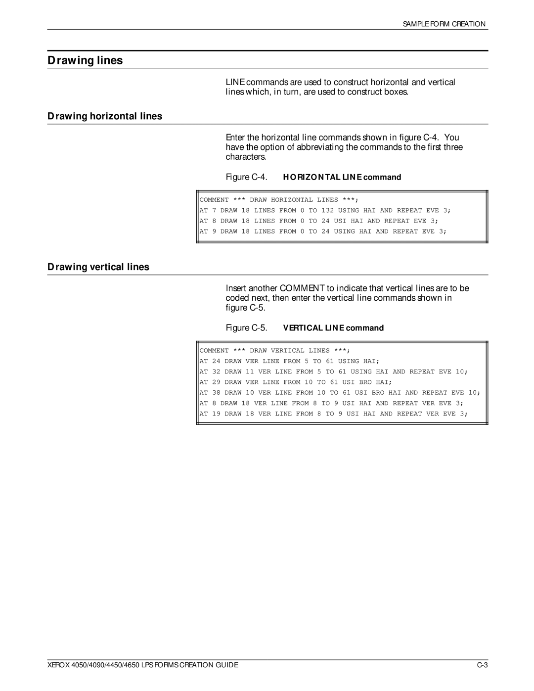 Xerox 4650, 4450 manual Drawing lines, Drawing horizontal lines, Drawing vertical lines, Vertical Line command 