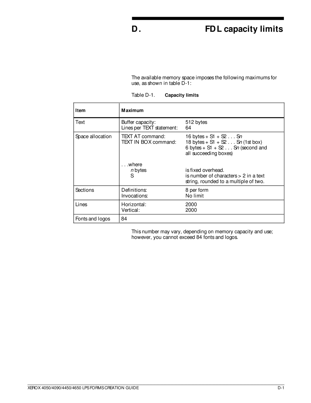 Xerox 4650, 4450 manual FDL capacity limits, Capacity limits, Maximum 