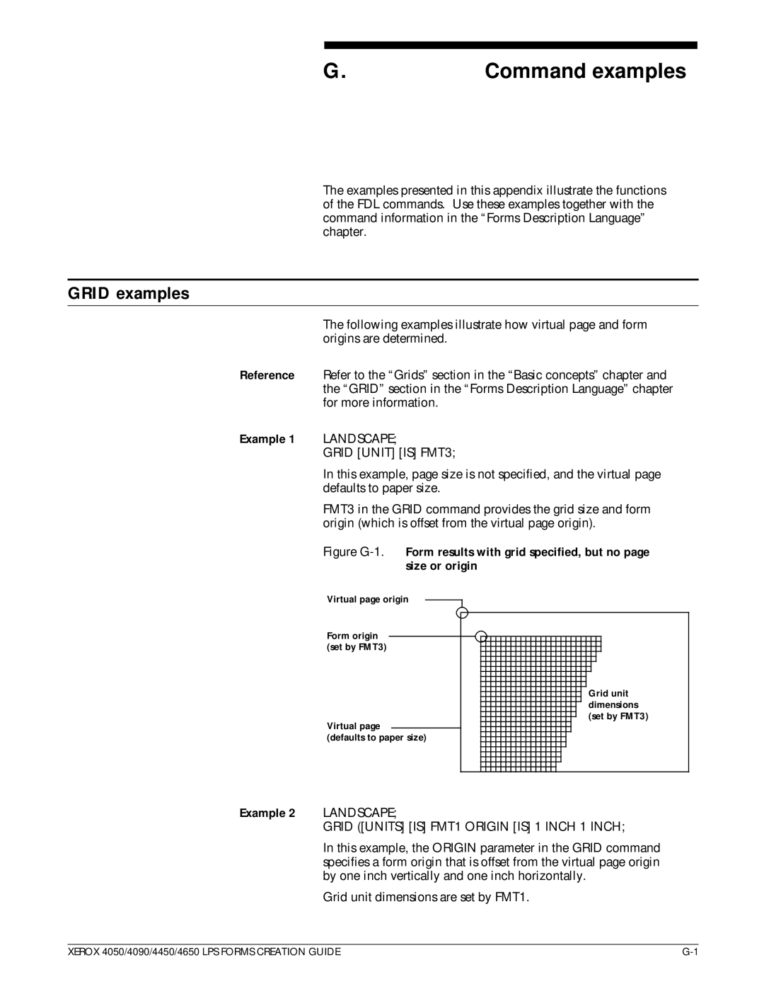 Xerox 4650, 4450 manual Command examples, Grid examples, Form results with grid specified, but no, Size or origin 