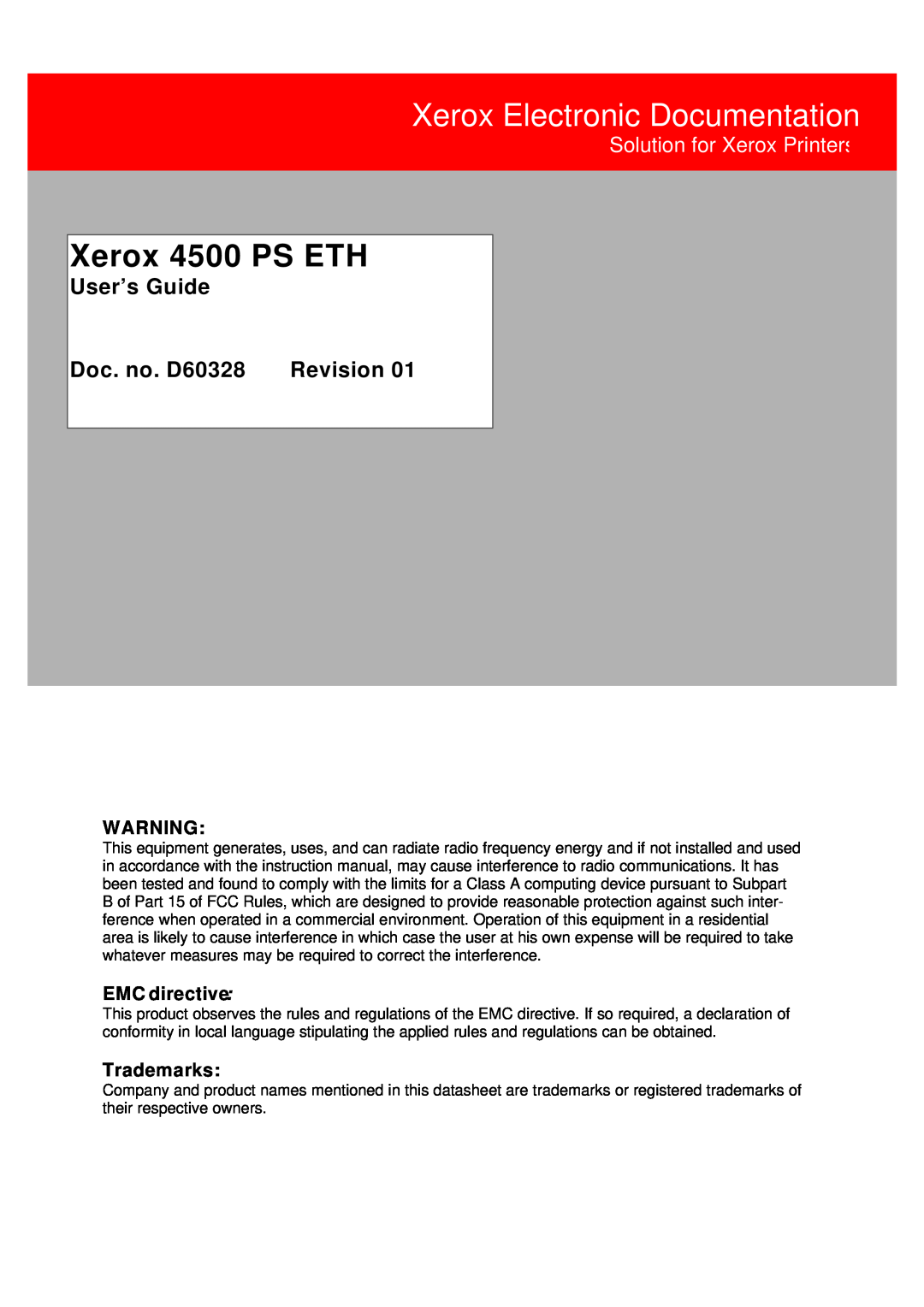 Xerox 4500 ps eth instruction manual User’s Guide, Doc. no. D60328, Revision, EMC directive, Trademarks, Xerox 4500 PS ETH 