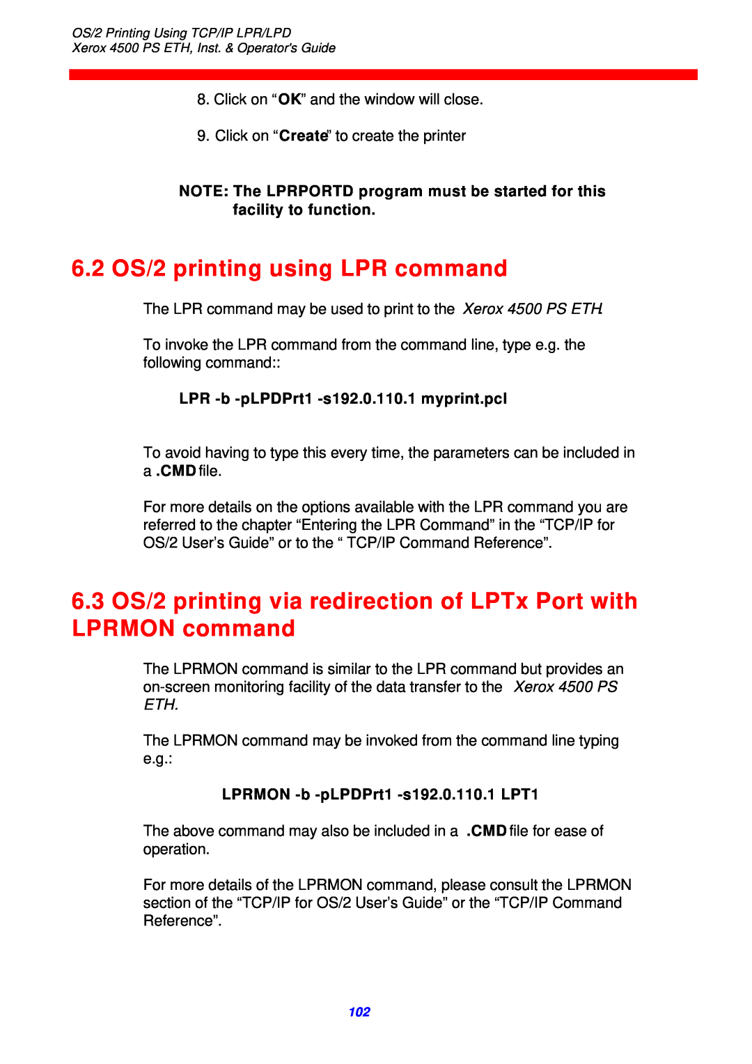 Xerox 4500 ps eth 6.2 OS/2 printing using LPR command, 6.3 OS/2 printing via redirection of LPTx Port with LPRMON command 