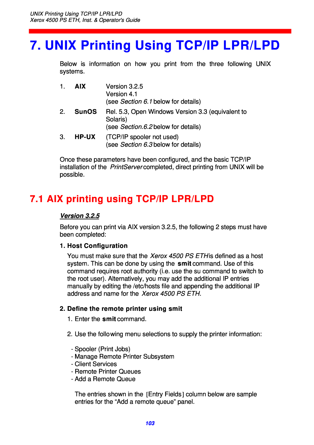 Xerox 4500 ps eth UNIX Printing Using TCP/IP LPR/LPD, AIX printing using TCP/IP LPR/LPD, SunOS, Hp-Ux, Version 