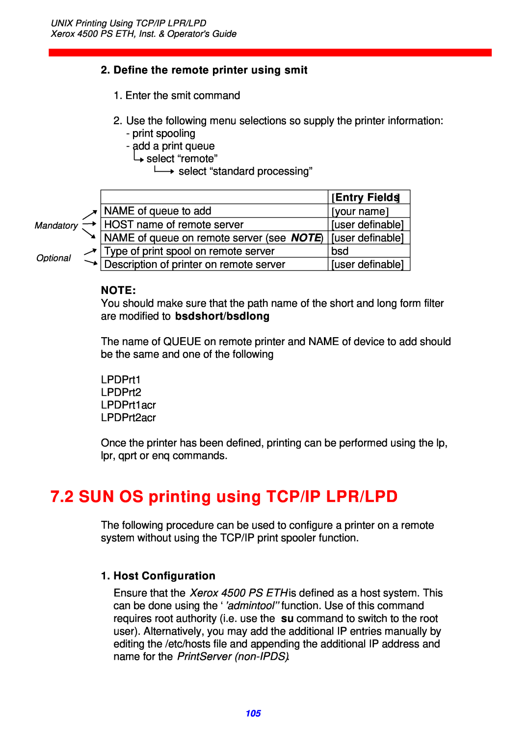 Xerox 4500 ps eth SUN OS printing using TCP/IP LPR/LPD, Define the remote printer using smit, Entry Fields 