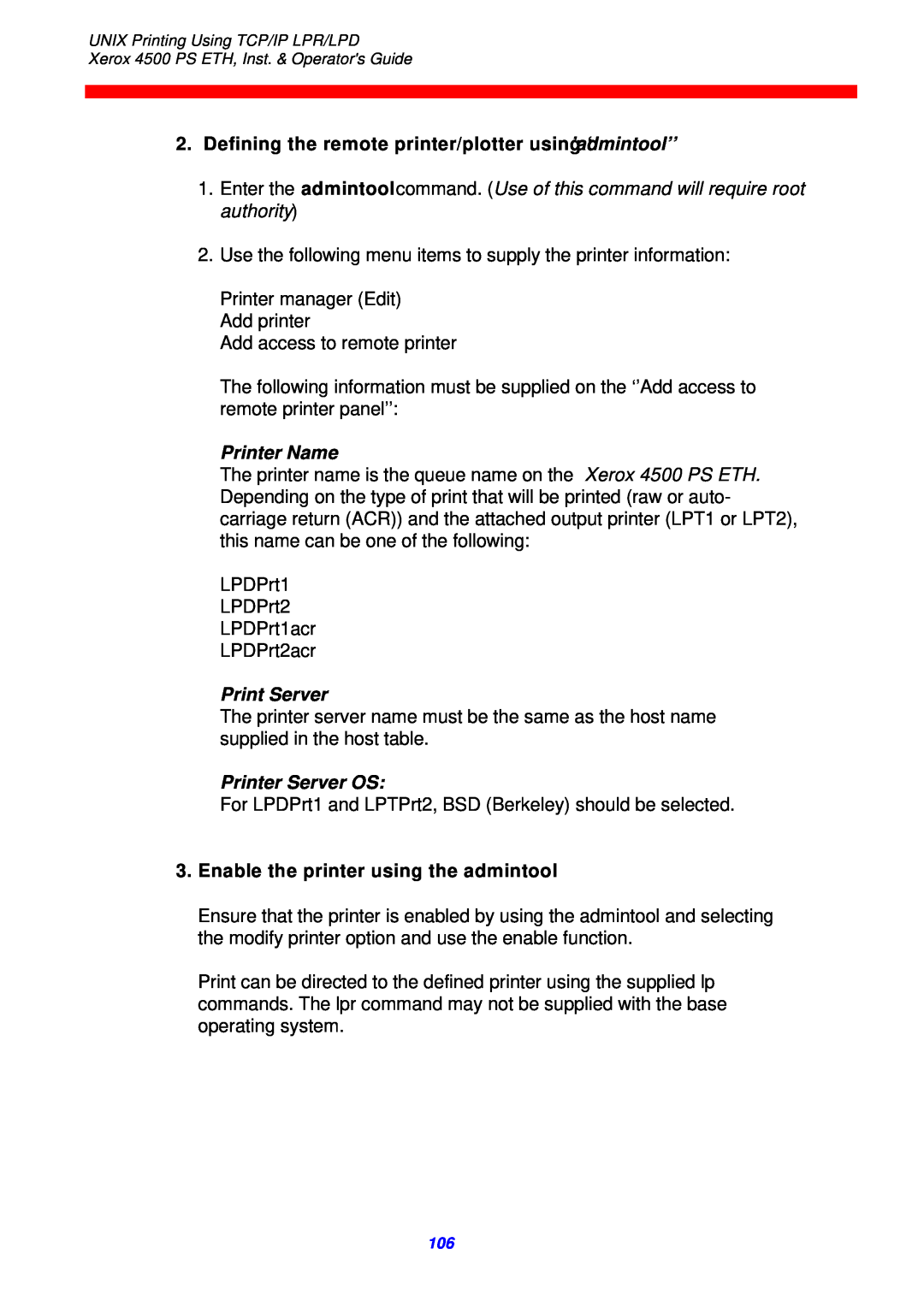 Xerox 4500 ps eth Defining the remote printer/plotter using’admintool’’‘, Printer Name, Print Server, Printer Server OS 