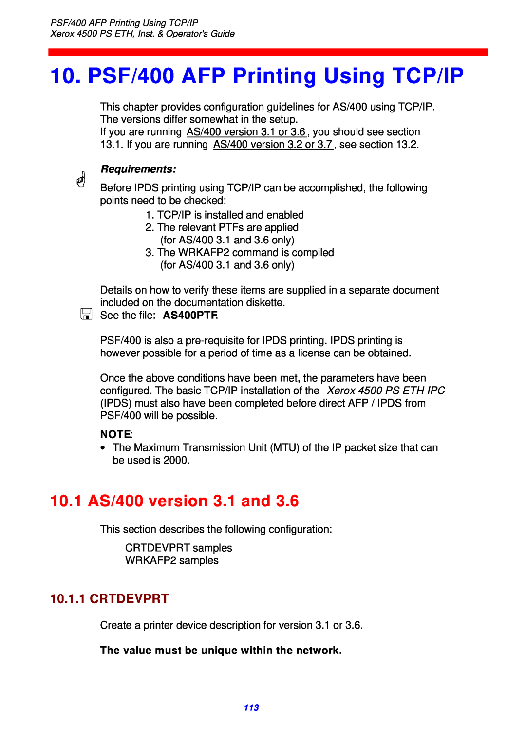 Xerox 4500 ps eth PSF/400 AFP Printing Using TCP/IP, 10.1 AS/400 version 3.1 and, Crtdevprt, Requirements 