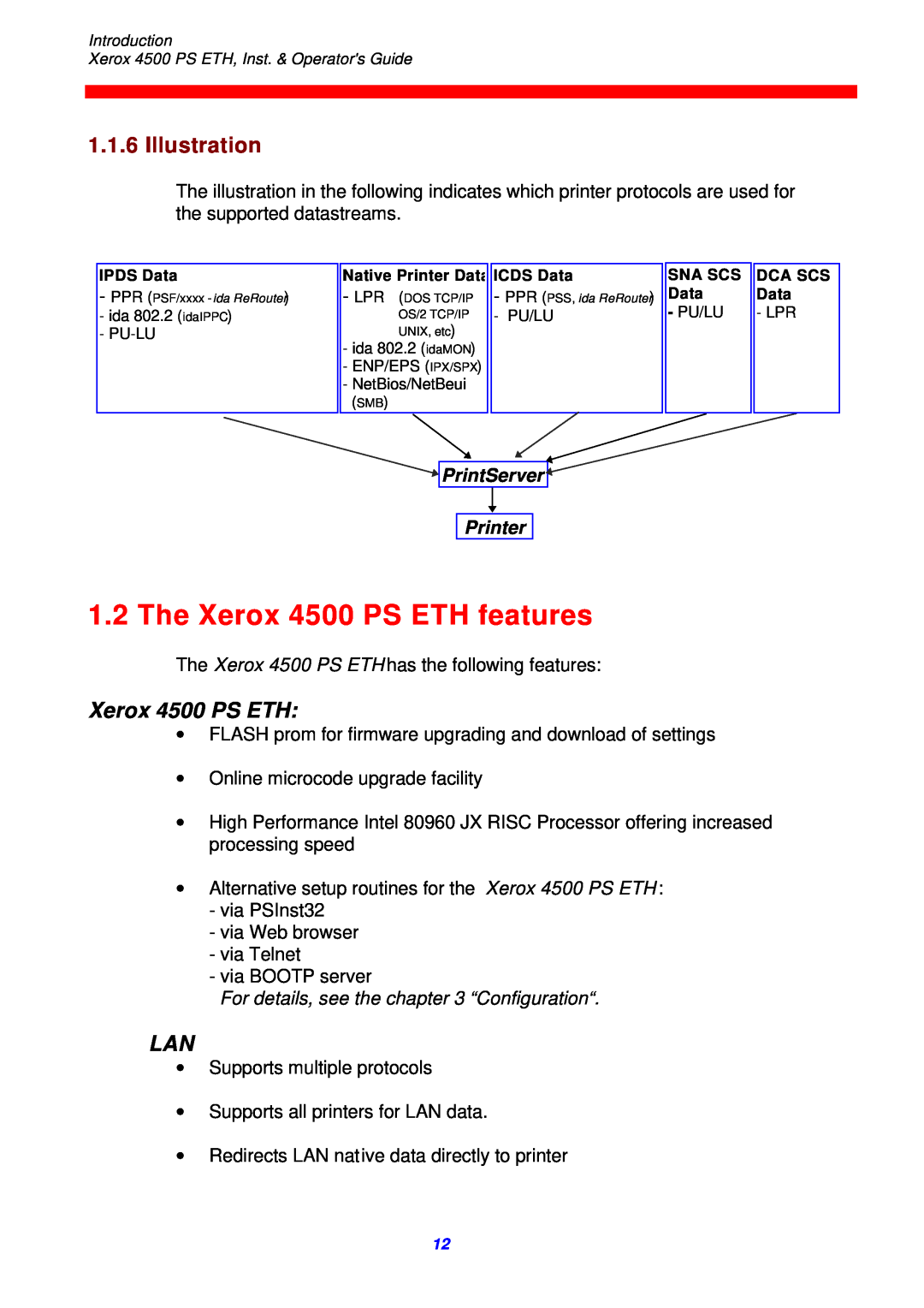 Xerox 4500 ps eth The Xerox 4500 PS ETH features, Illustration, PrintServer Printer, For details, see the “Configuration“ 