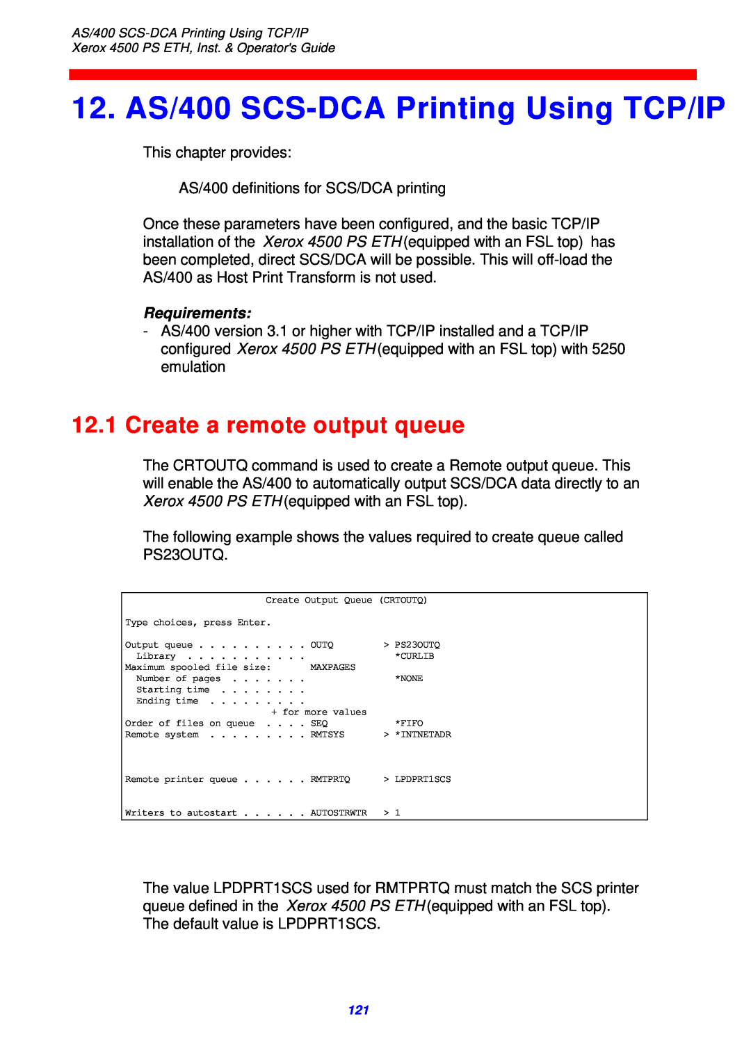 Xerox 4500 ps eth instruction manual 12. AS/400 SCS-DCA Printing Using TCP/IP, Create a remote output queue, Requirements 