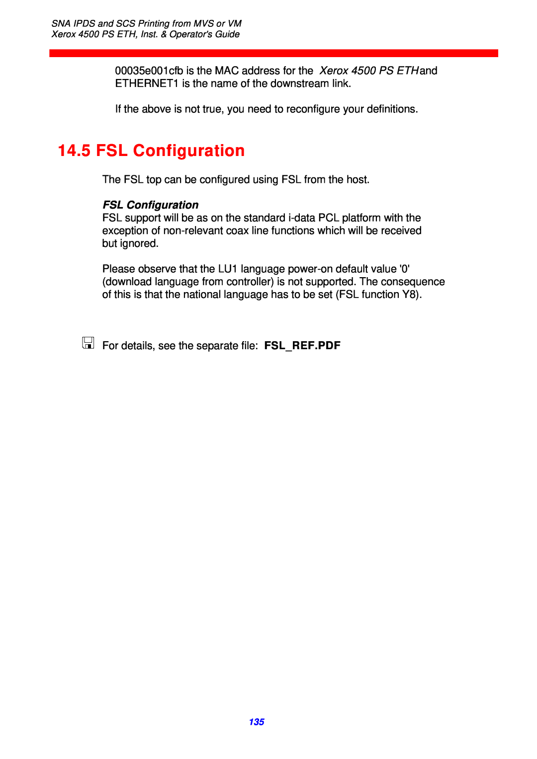 Xerox 4500 ps eth instruction manual FSL Configuration 
