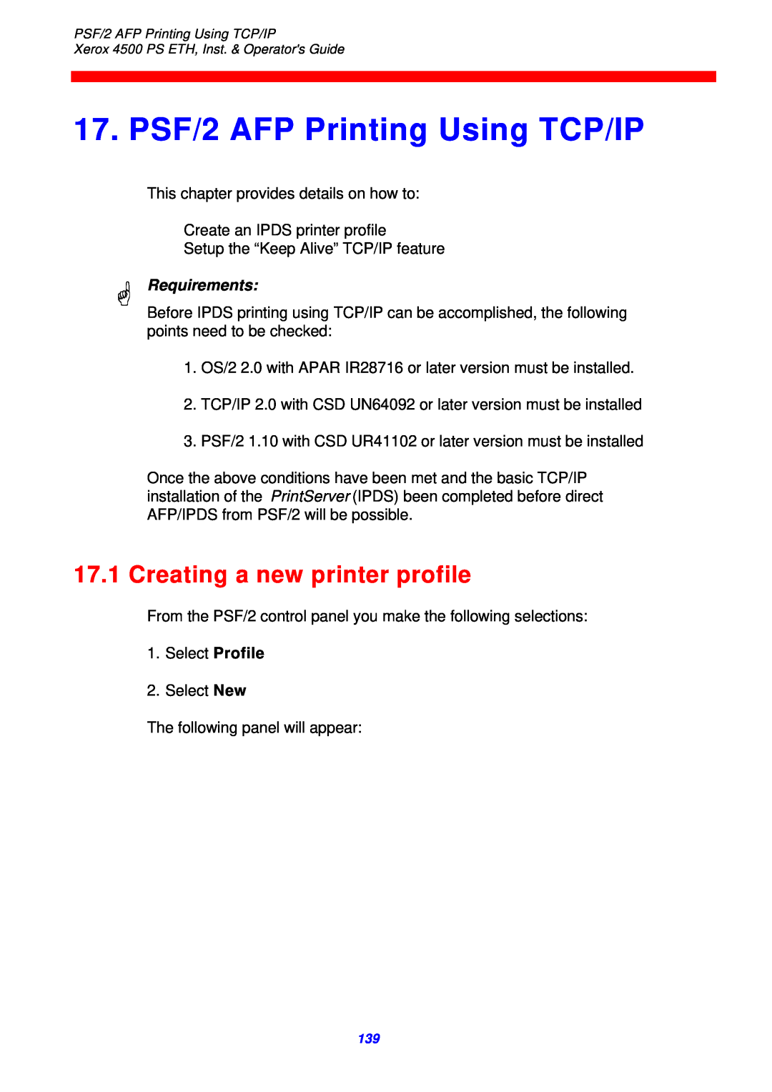 Xerox 4500 ps eth instruction manual PSF/2 AFP Printing Using TCP/IP, Creating a new printer profile, Requirements 