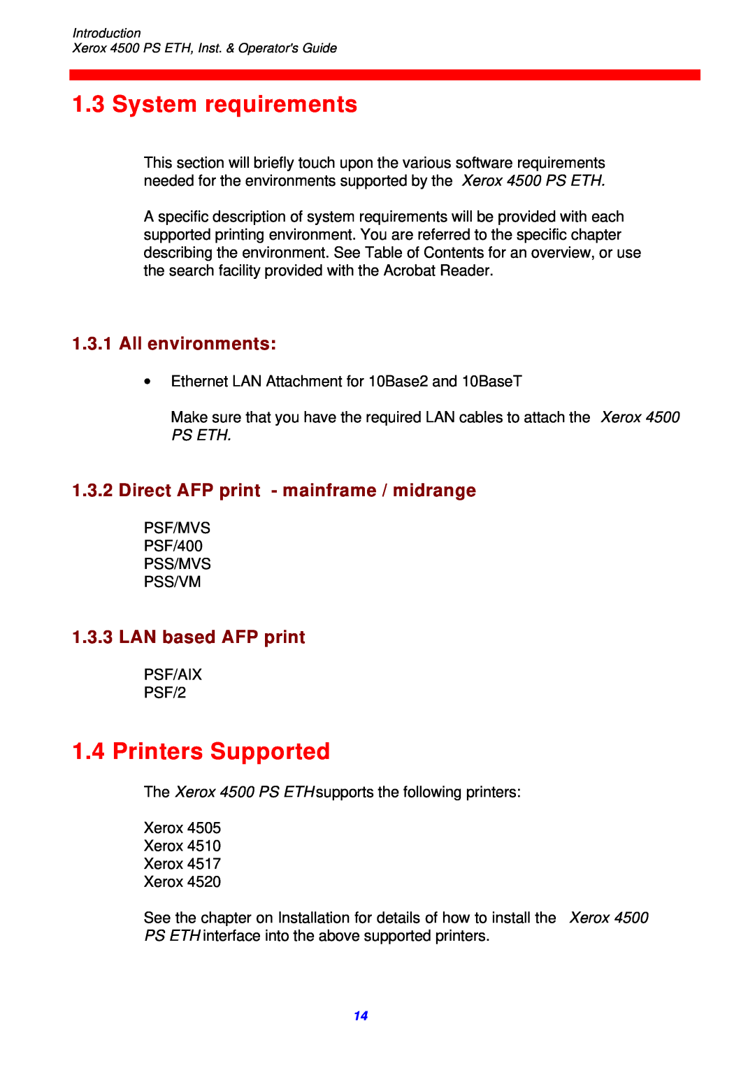 Xerox 4500 ps eth System requirements, Printers Supported, All environments, Direct AFP print - mainframe / midrange 