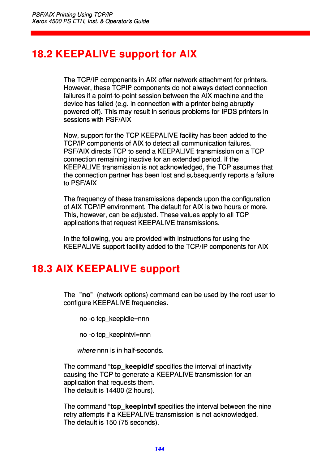 Xerox 4500 ps eth instruction manual KEEPALIVE support for AIX, AIX KEEPALIVE support 