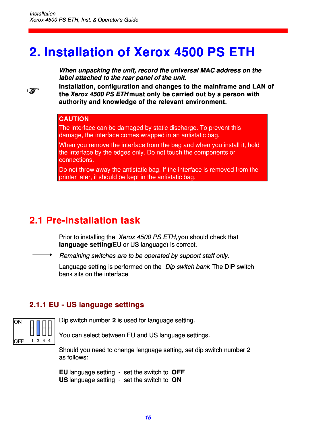 Xerox 4500 ps eth instruction manual Installation of Xerox 4500 PS ETH, Pre-Installation task, EU - US language settings 