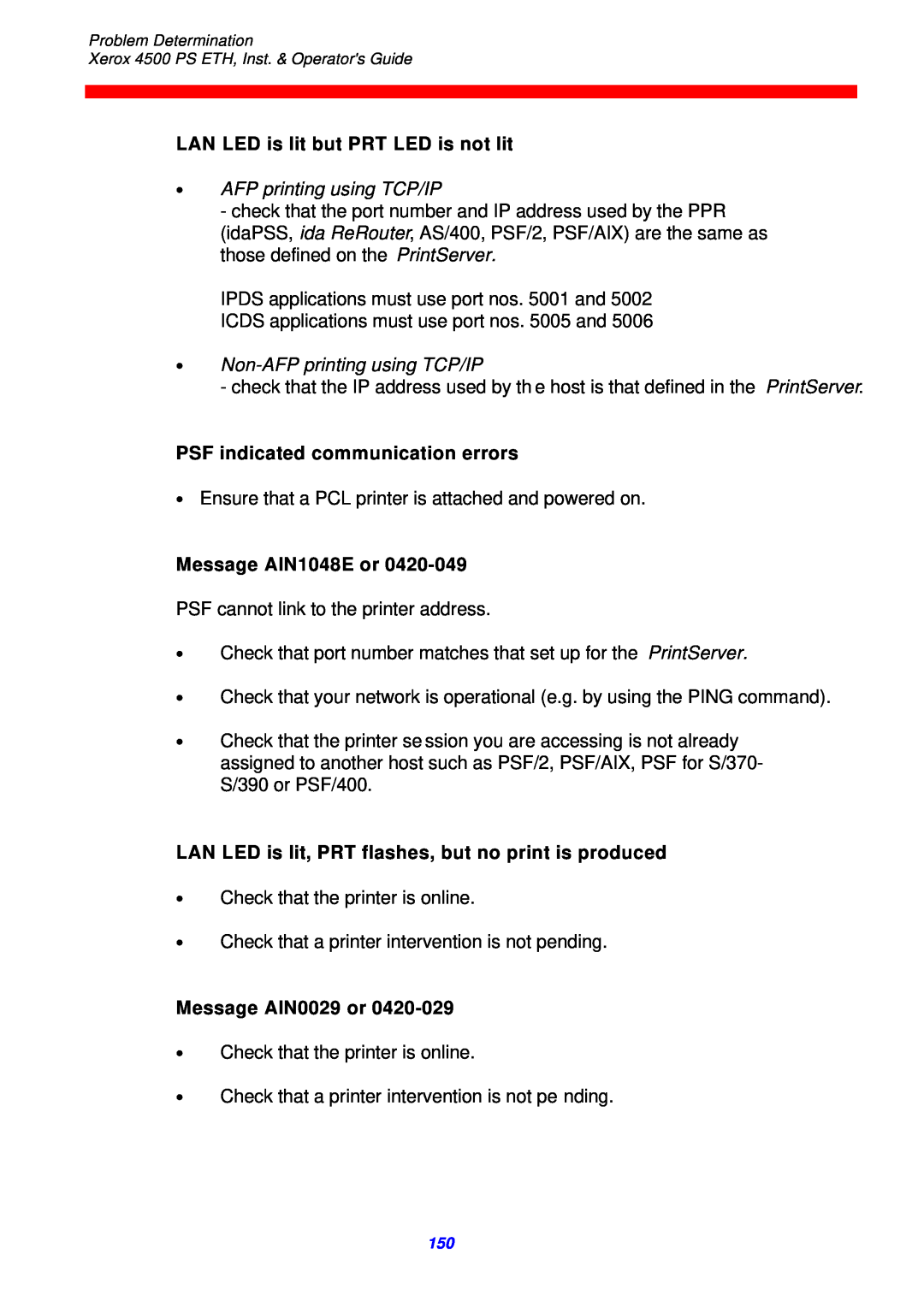 Xerox 4500 ps eth LAN LED is lit but PRT LED is not lit, ∙ AFP printing using TCP/IP, ∙ Non-AFP printing using TCP/IP 