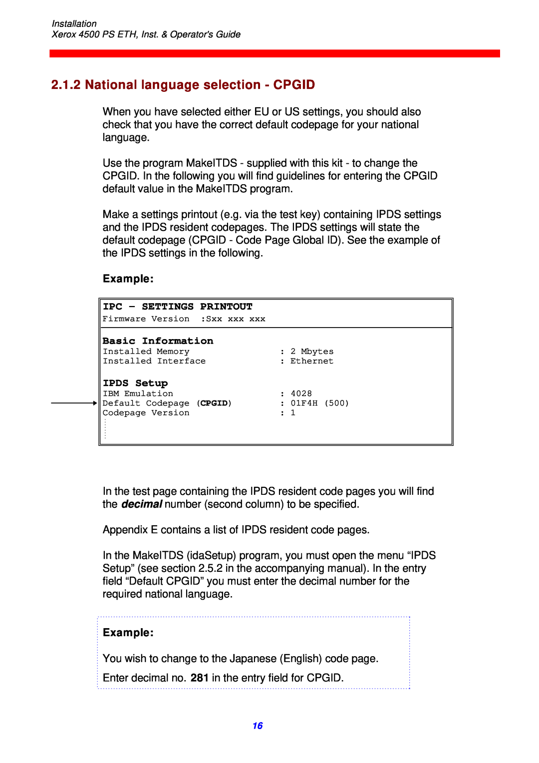 Xerox 4500 ps eth National language selection - CPGID, Example, Ipc - Settings Printout, Basic Information, IPDS Setup 