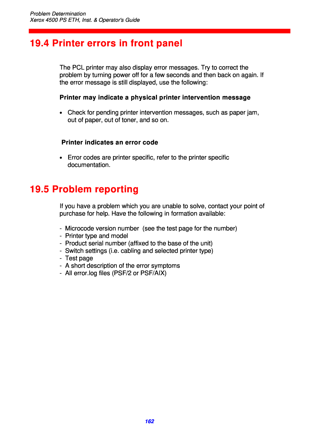 Xerox 4500 ps eth instruction manual Printer errors in front panel, Problem reporting, Printer indicates an error code 