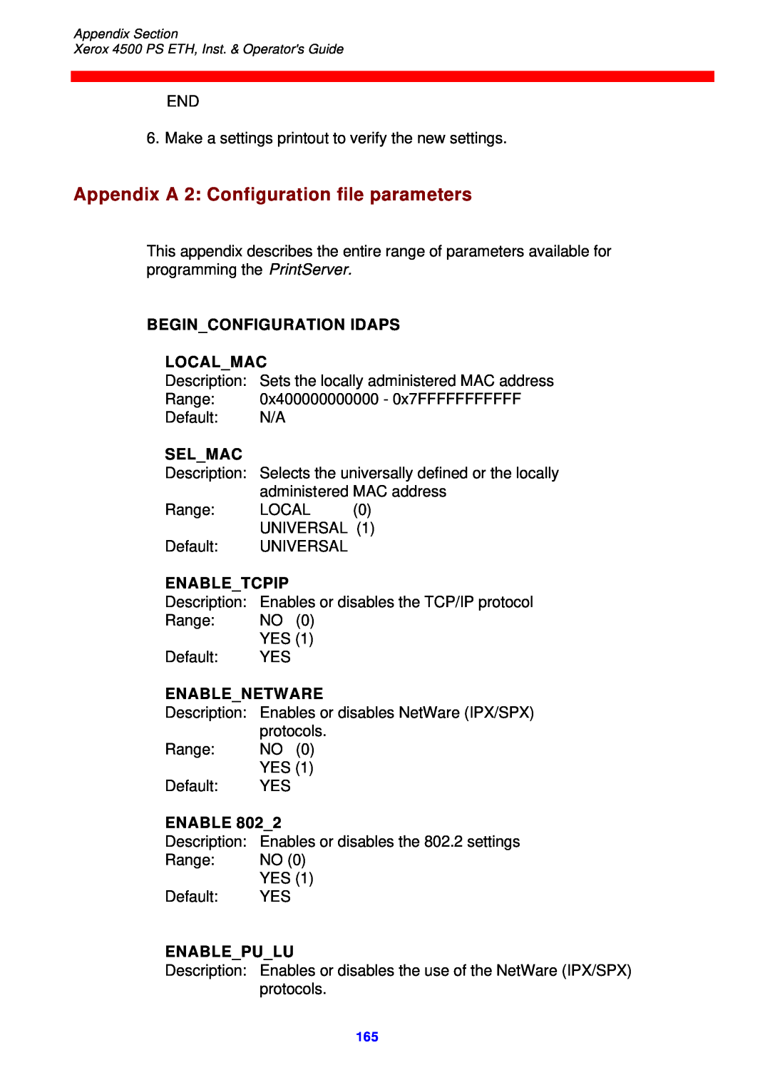 Xerox 4500 ps eth Appendix A 2 Configuration file parameters, Beginconfiguration Idaps Localmac, Selmac, Enabletcpip 