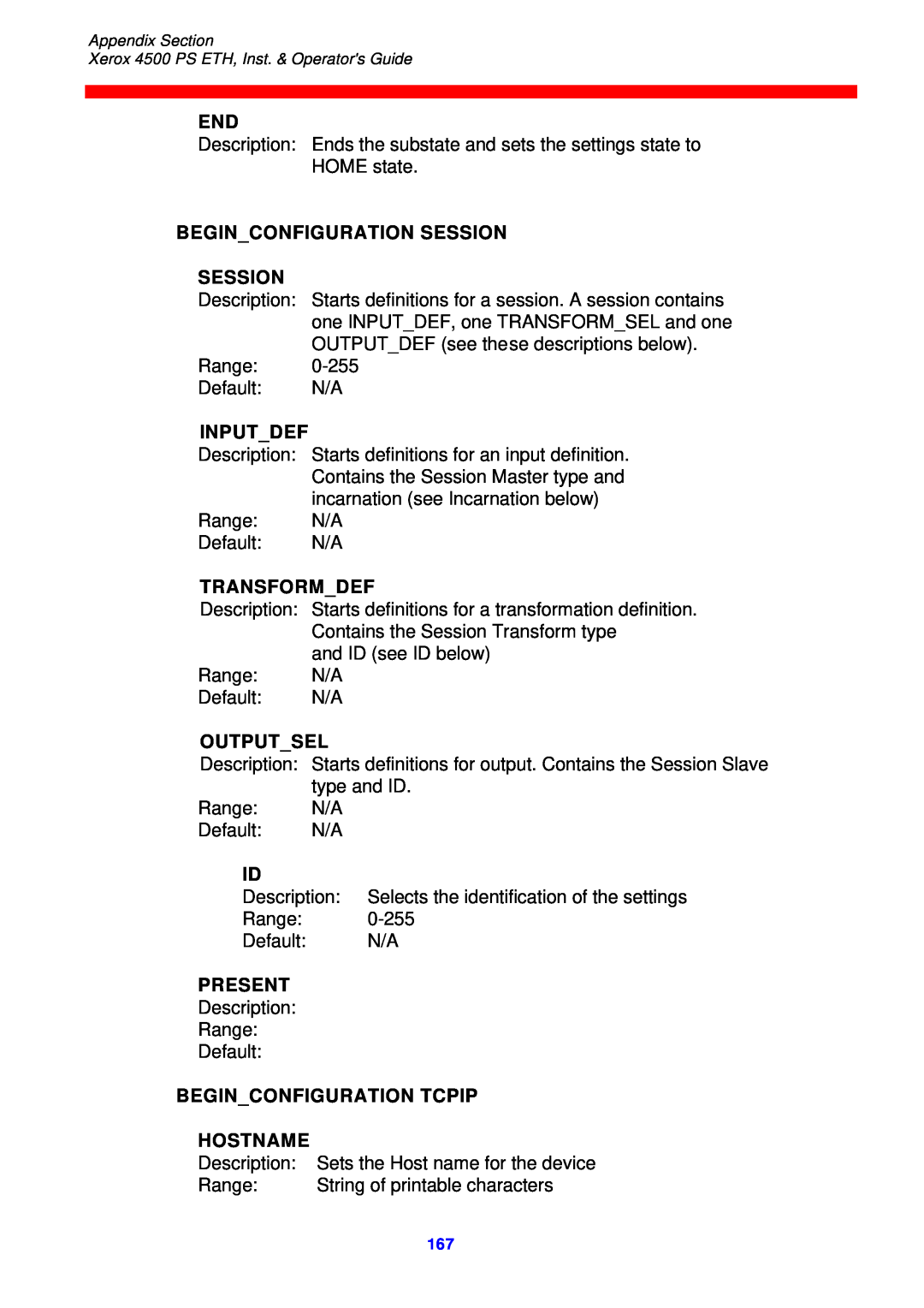 Xerox 4500 ps eth Beginconfiguration Session Session, Inputdef, Transformdef, Outputsel, Present, Beginconfiguration Tcpip 