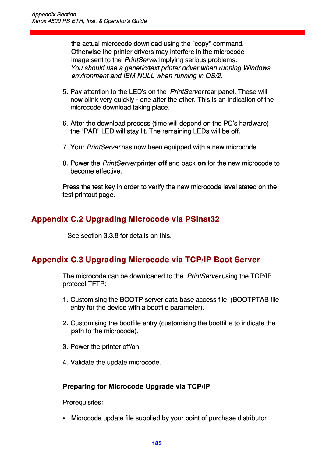 Xerox 4500 ps eth Appendix C.2 Upgrading Microcode via PSinst32, Appendix C.3 Upgrading Microcode via TCP/IP Boot Server 