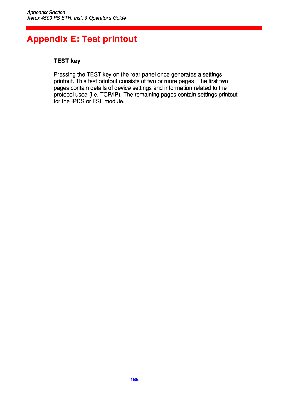 Xerox 4500 ps eth instruction manual Appendix E Test printout, TEST key 