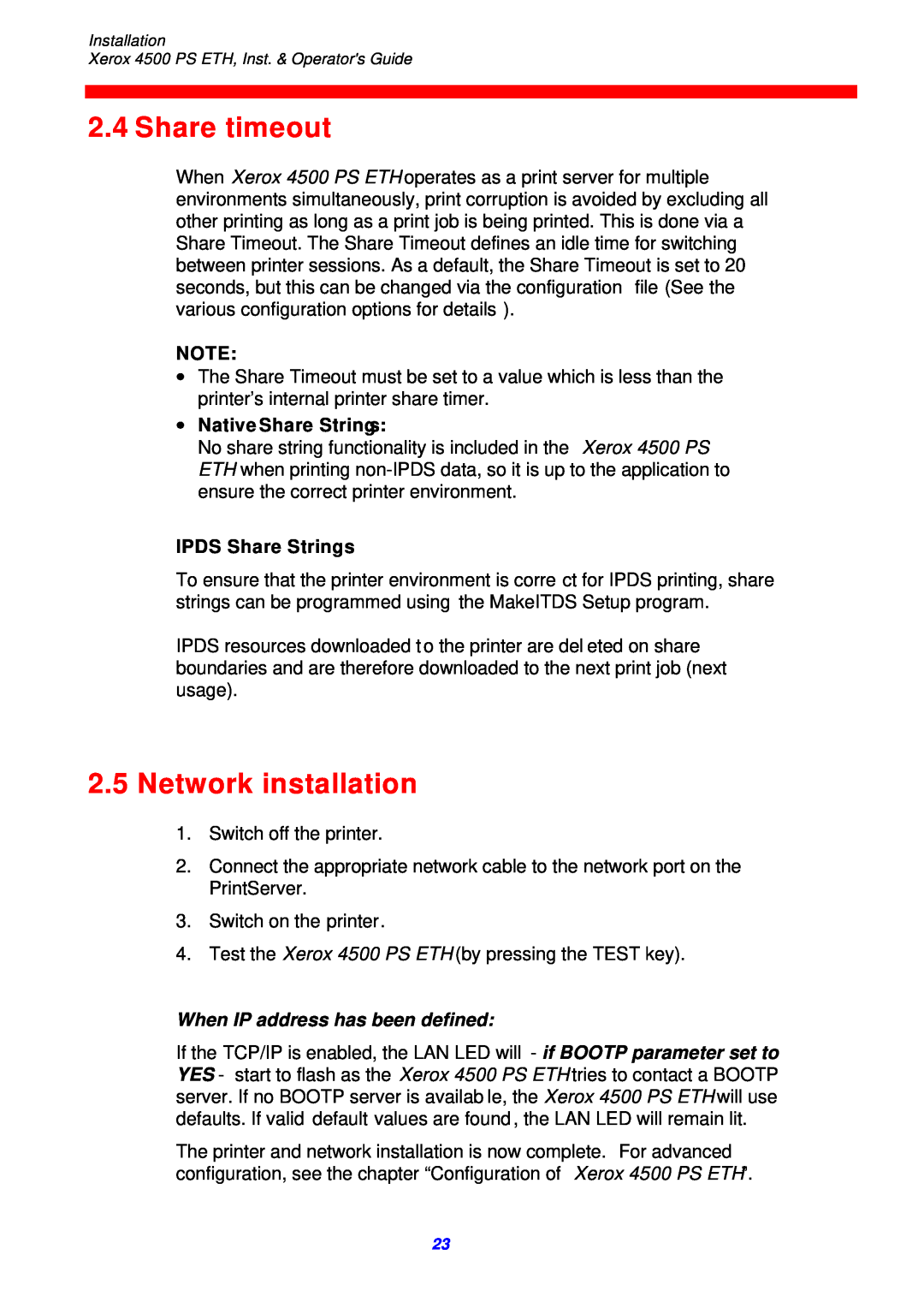 Xerox 4500 ps eth instruction manual Share timeout, Network installation, ∙ Native Share Strings, IPDS Share Strings 