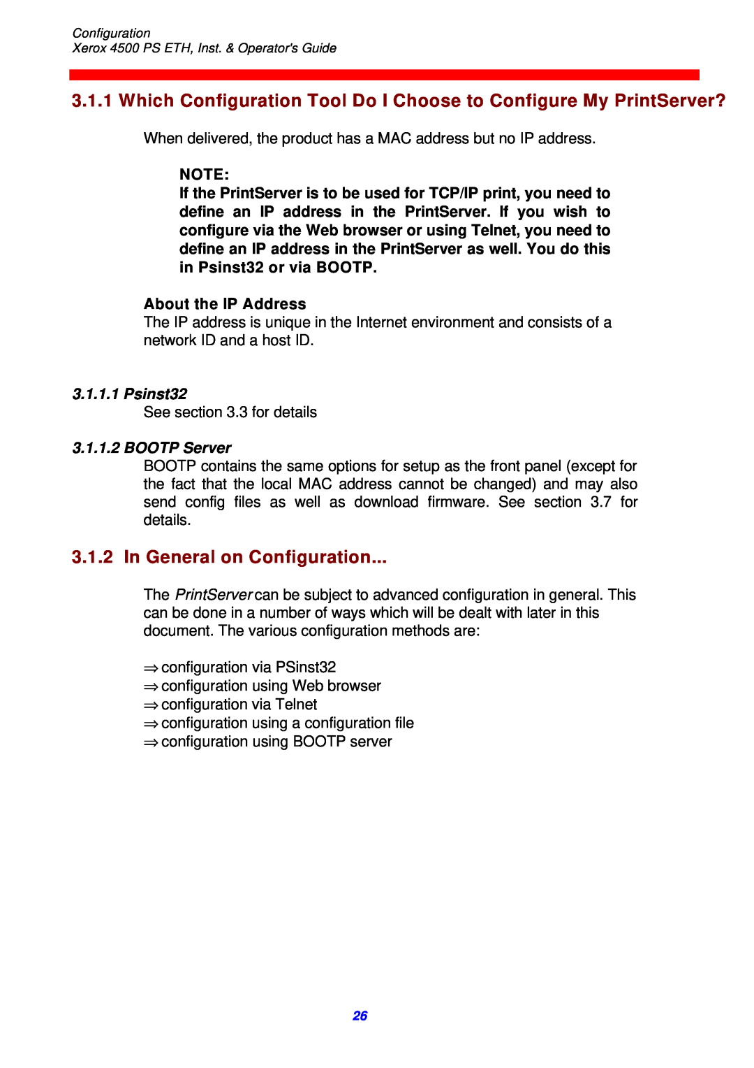 Xerox 4500 ps eth instruction manual In General on Configuration, About the IP Address, Psinst32, BOOTP Server 