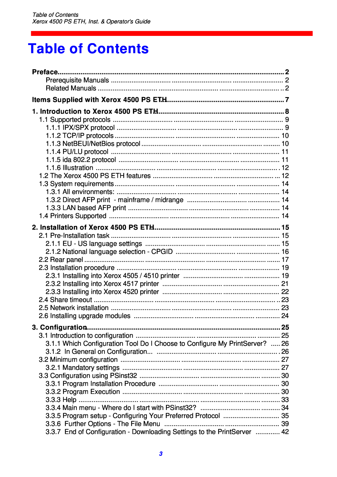 Xerox 4500 ps eth Table of Contents, Preface, Items Supplied with Xerox 4500 PS ETH, Introduction to Xerox 4500 PS ETH 