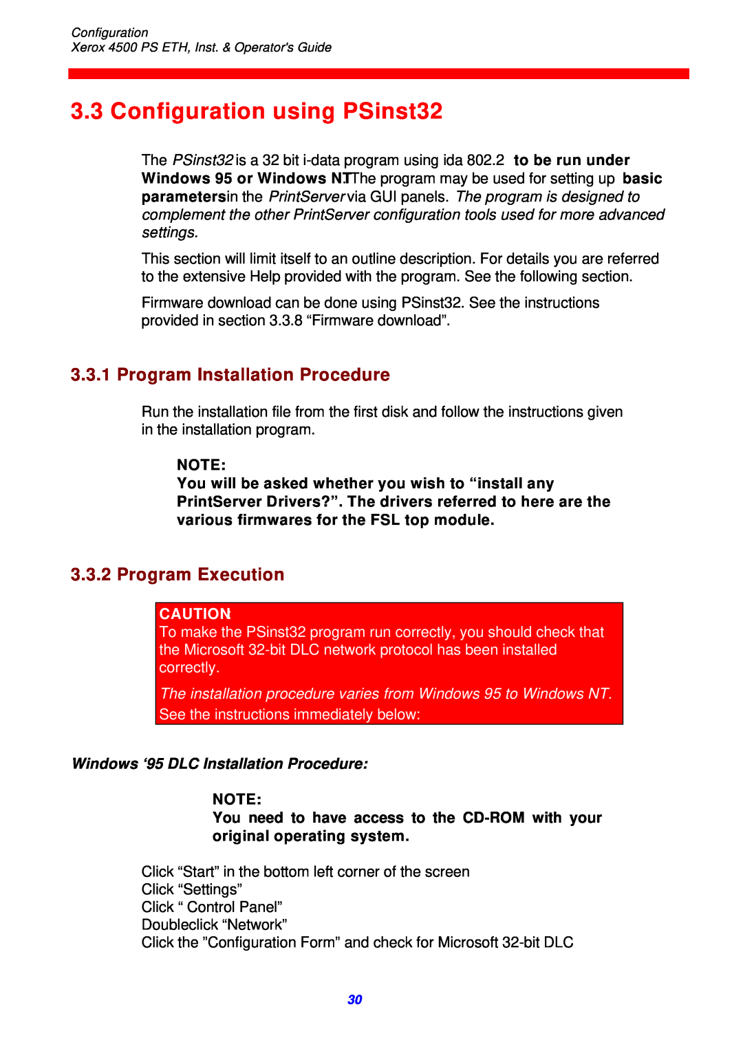 Xerox 4500 ps eth instruction manual Configuration using PSinst32, Program Installation Procedure, Program Execution 