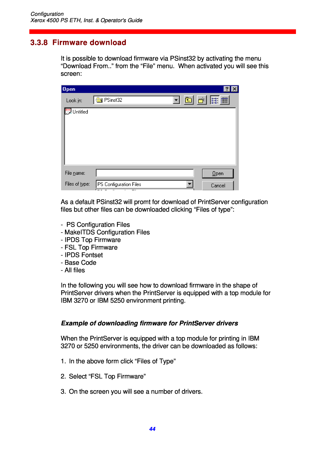 Xerox 4500 ps eth instruction manual Firmware download, Example of downloading firmware for PrintServer drivers 